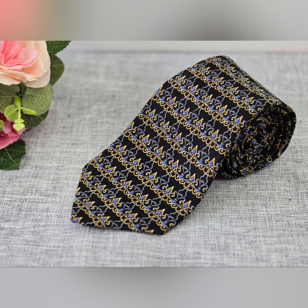 Vintage Cristian Dior Monsieur Men's Neck Tie Silk‎ Black Blue Gold Made Canada